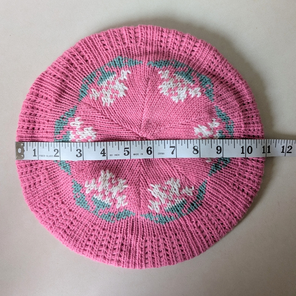 80s Vintage Knit Beret Fair Isle Winter Hat Pink White Flower Beanie Cap Tam - Picture 8 of 16